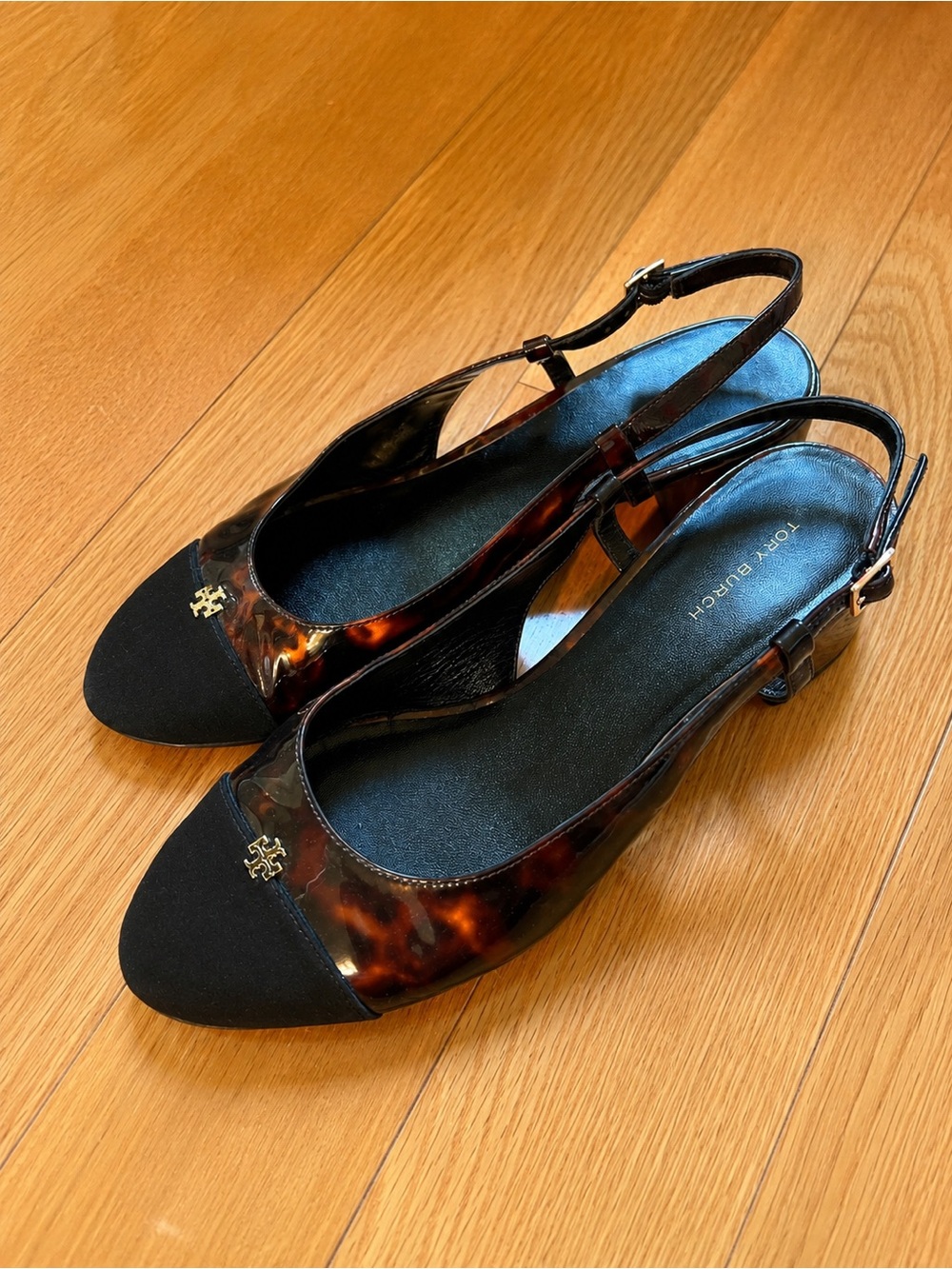 Tory Burch Black and Tortoiseshell Slingback Flats